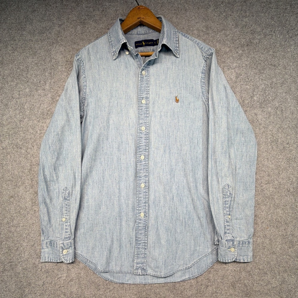 Ralph Lauren Denim Shirt Small Mens Blue Long Sleeve Chambray Flesh Pony